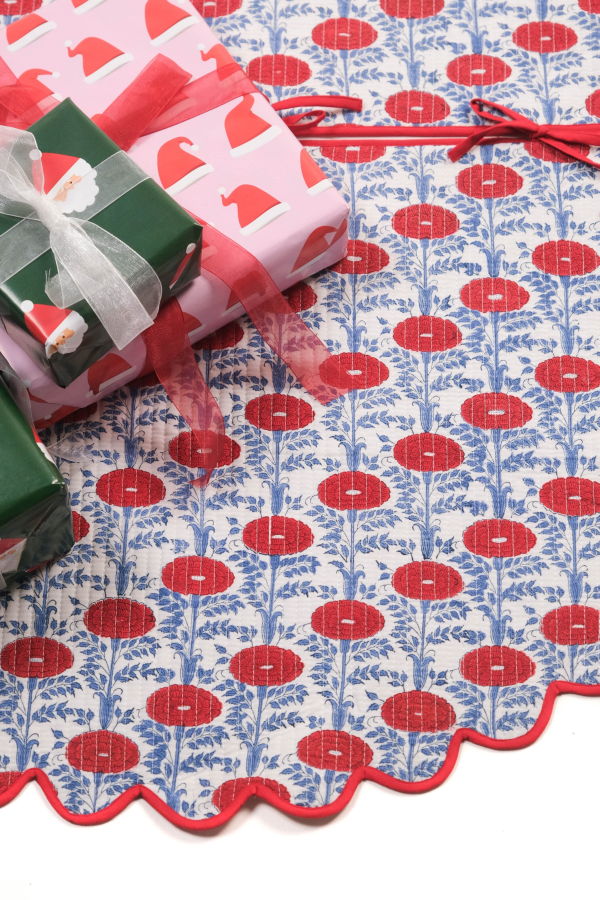 Inner Child Scalloped Blockprint Quilted Tree Skirt - Araminta Red