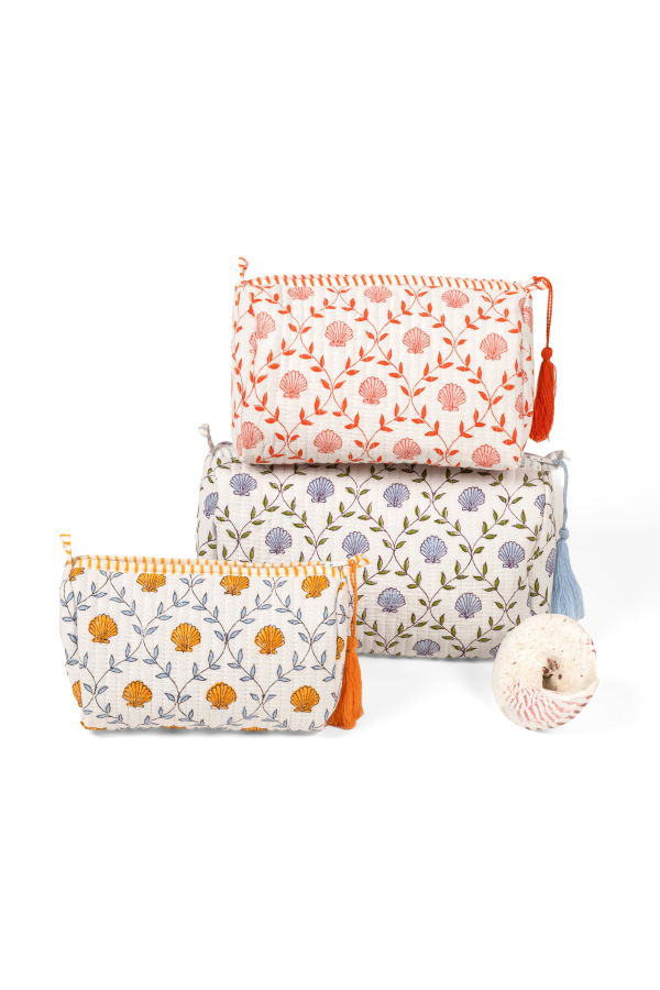 Inner Child Seashell Blockprint Makeup Bag, Set Of 3
