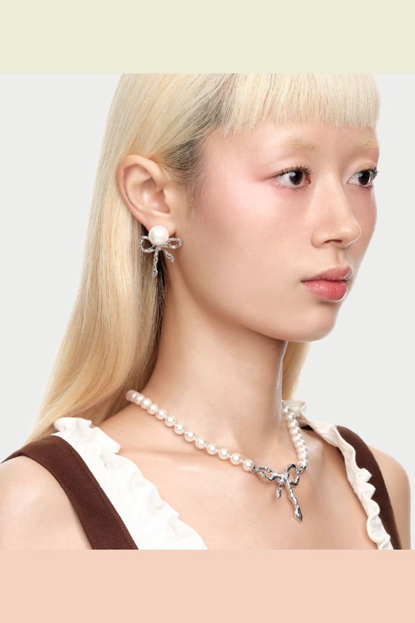YVMIN Twisted Rope Bow Pearl Earring - Silver