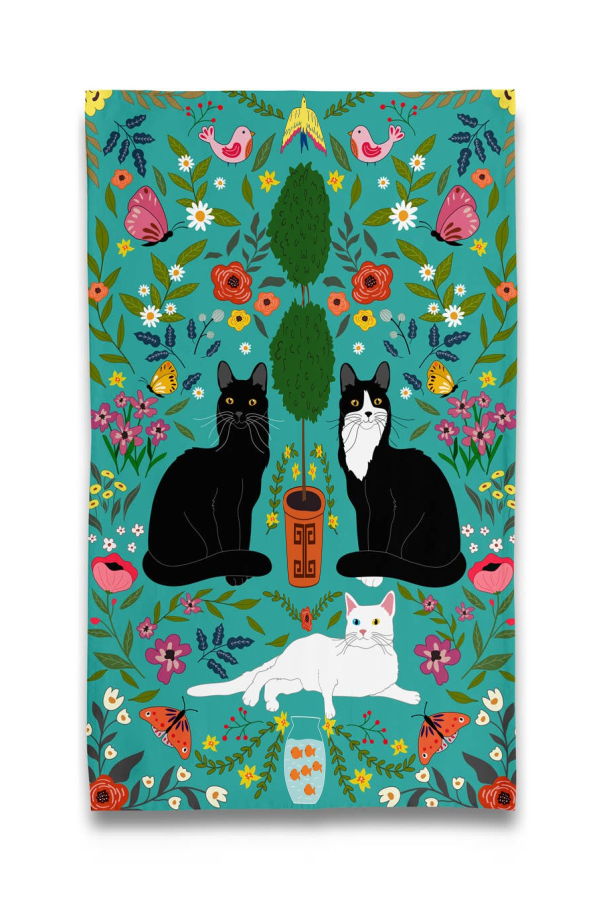 Naked Decor Cat Trio With Topiary and Florals Tea Towel