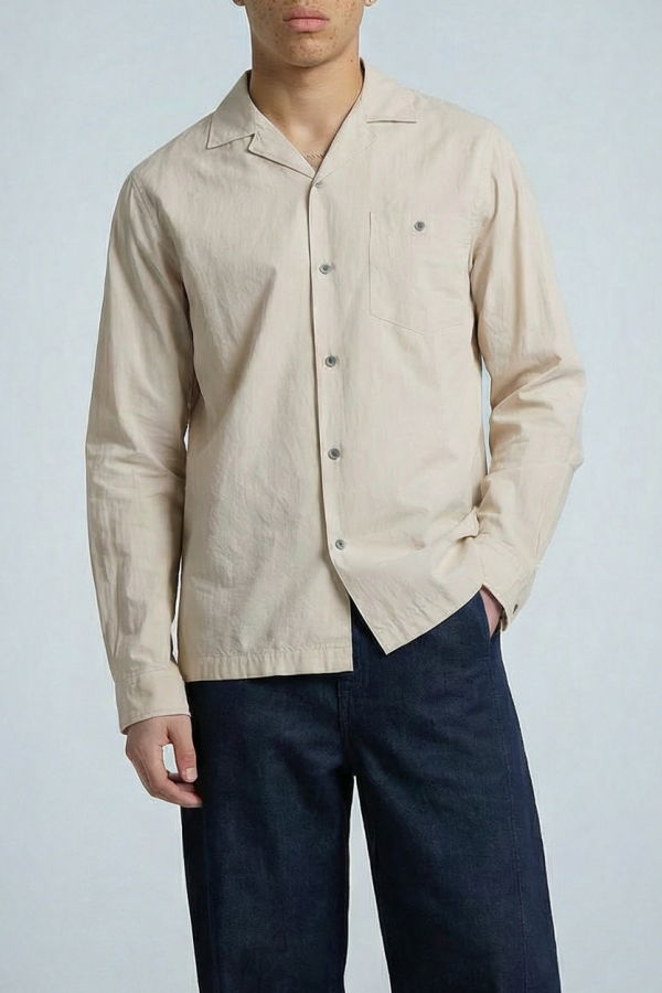 Graphia New York Reinaldo Long Sleeve Convertible-Collar Shirt - Natural Khaki