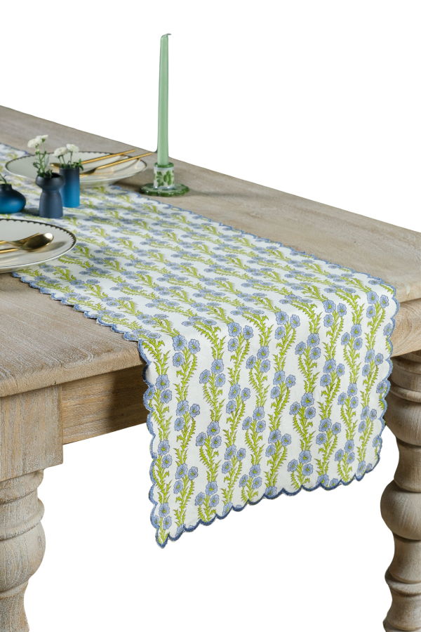 Inner Child Forget-Me-Not Scallop Embroidered Blockprint Tablerunner
