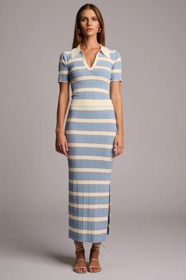 Hevron Peony Stripe Midi Skirt - Blue Stripe