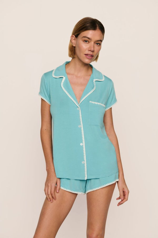 Eberjey Frida Shortie PJ Set - Blue Lagoon/Ivory
