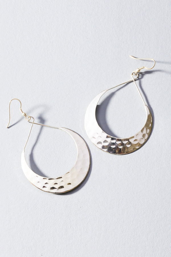 Matr Boomie Lunar Crescent Hammered Hoop Earrings - Shiny Silver