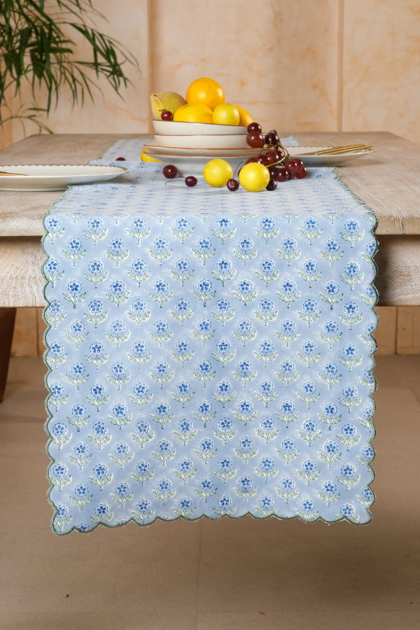 Inner Child Mona Scallop Embroidered Blockprint Tablerunner