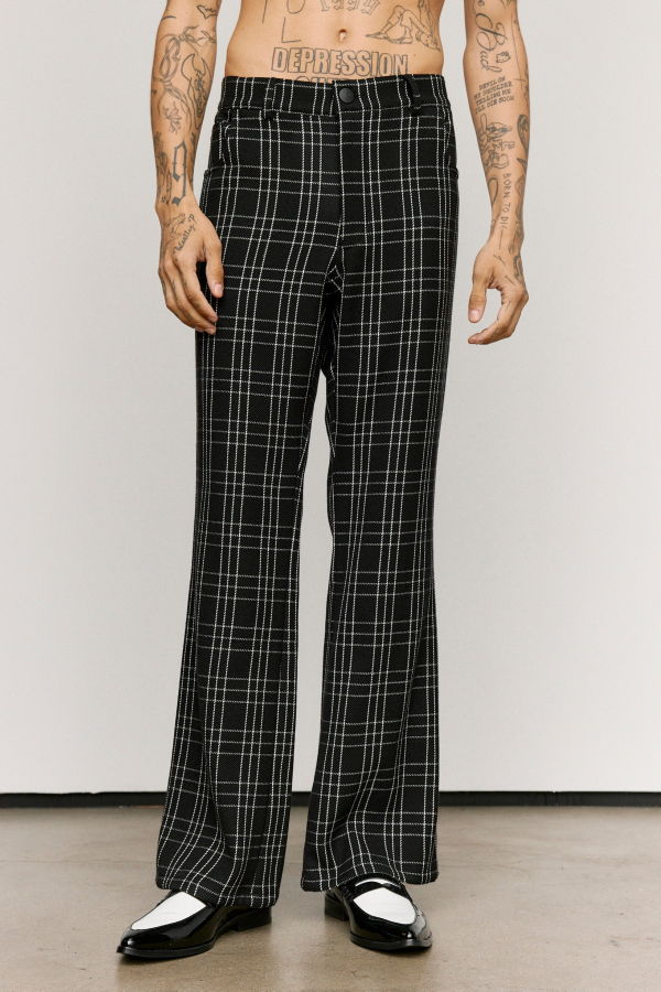 Ernest W. Baker Black & White Check Wool Five Pocket Flare Trousers