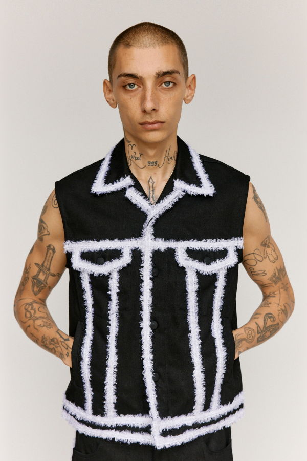 Ernest W. Baker Organic Denim Trim Sleeveless Denim Jacket - Black