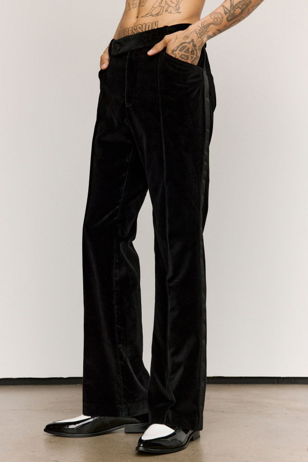 Ernest W. Baker Black Velvet Pipping Flare Trousers