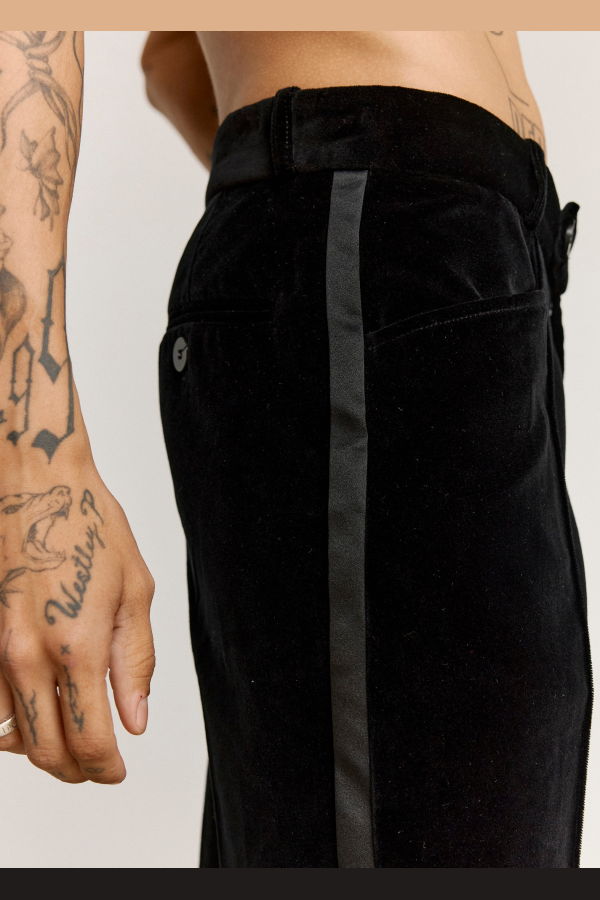 Ernest W. Baker Black Velvet Pipping Flare Trousers
