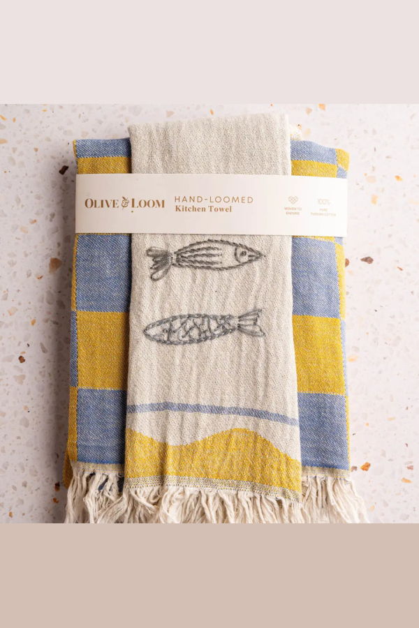 Olive & Loom Sardine Hand Stitched Kitchen Towel Set
