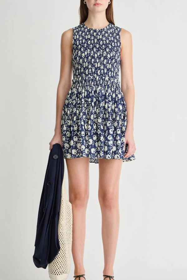 Apiece Apart Lore Smocked Mini Dress - Navy Floral Stamp