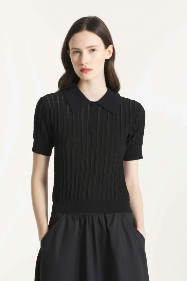Le Mont St Michel Sally Openwork Knitted Polo Shirt - Black