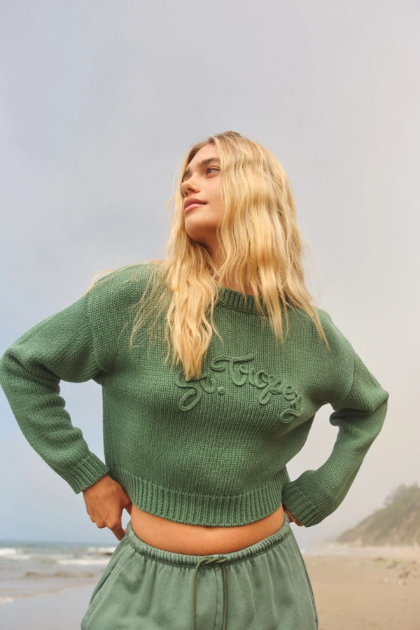Sundry Crop Boatneck Sweater with Embroidery