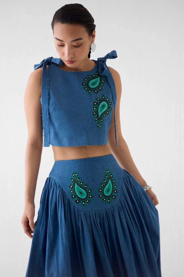 IKKIVI Indigo Crop Top & Skirt Set - Blue