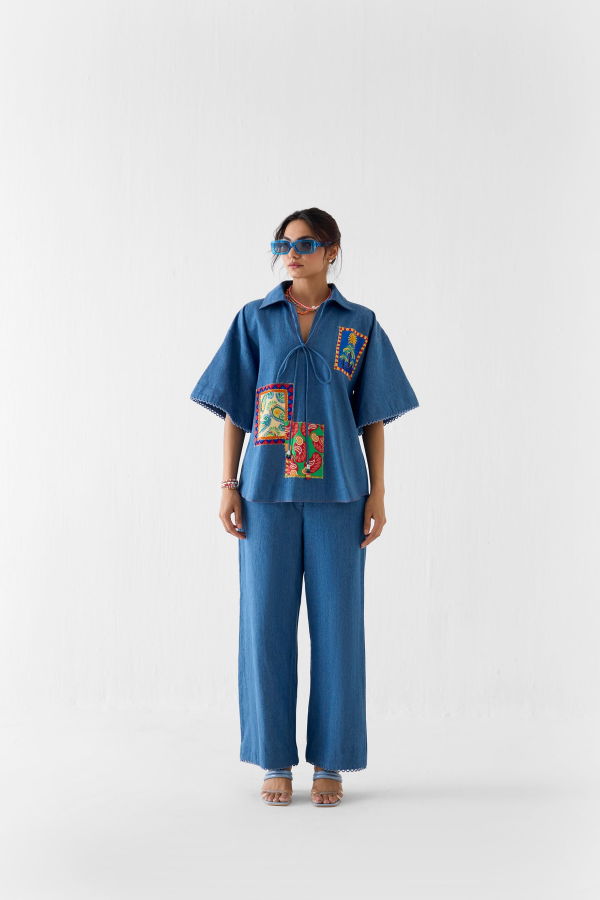 IKKIVI Indigo Patchwork Shirt & Pant Co-ord Set