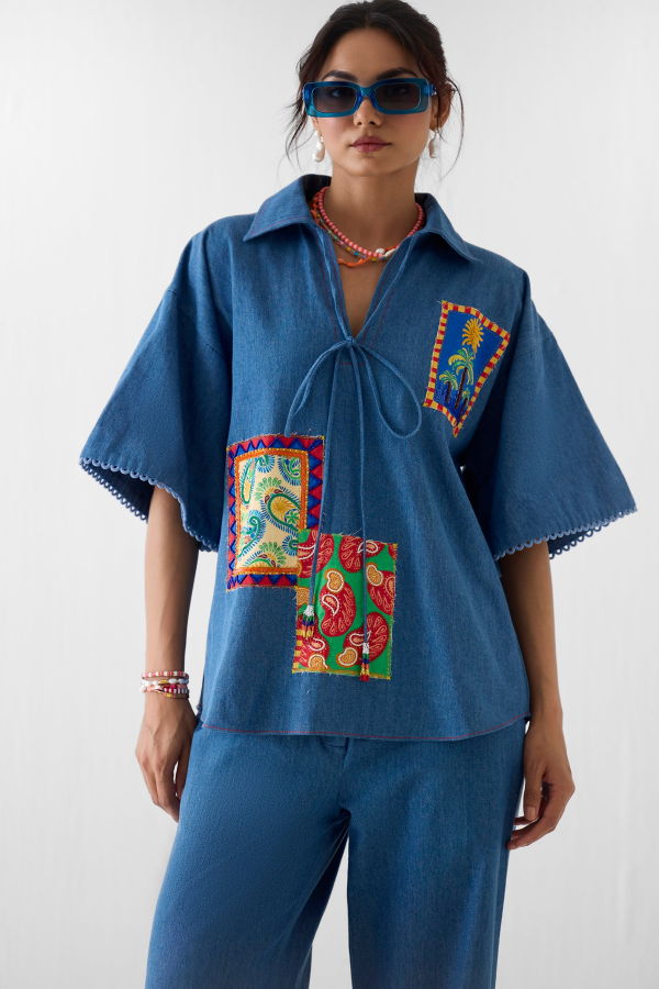 IKKIVI Indigo Patchwork Shirt & Pant Co-ord Set
