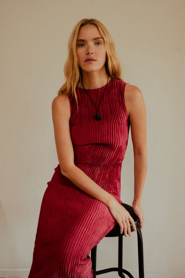 AZUR Pliss Satin Silk Tank Long Dress