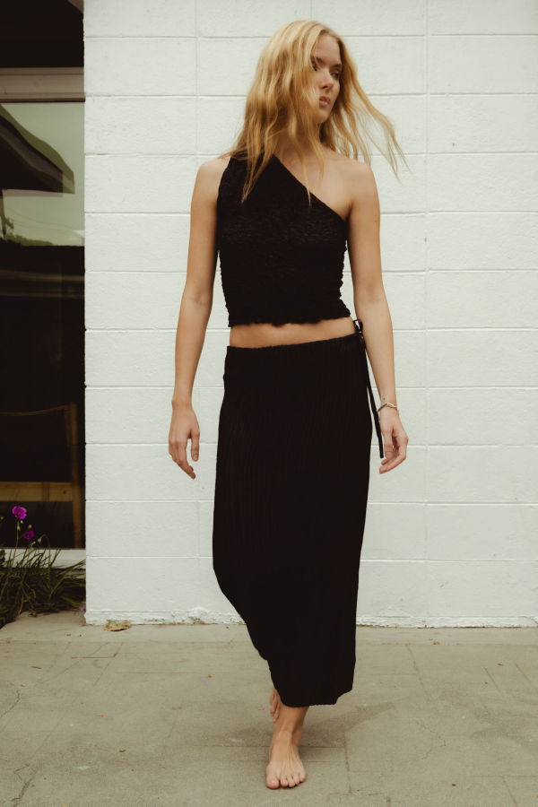 AZUR Plissé Satin Silk Long Skirt