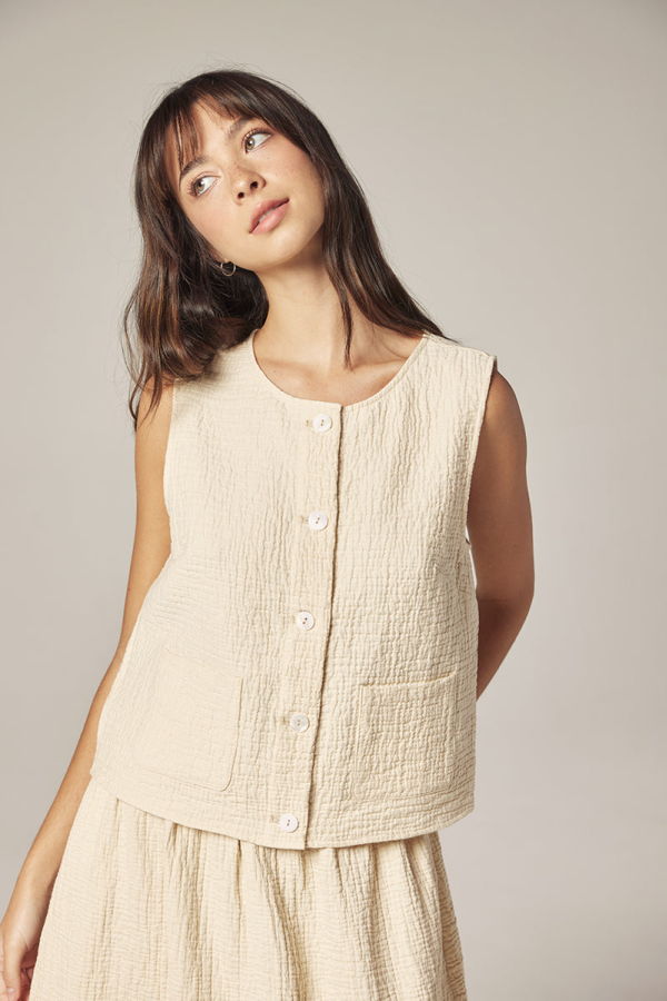 amente Button Down Jacquard Top - Cream