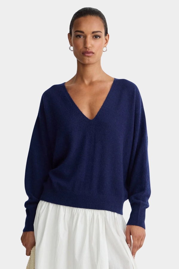 Apiece Apart Softest Silk Cashmere V-Neck Sweater - Eclipse