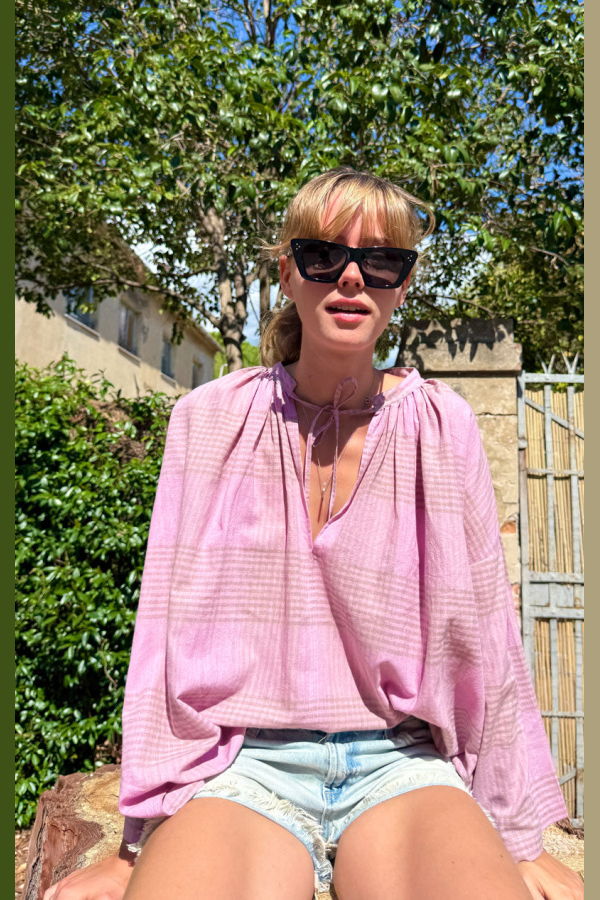 Two Plaid Tie Neck Shirt