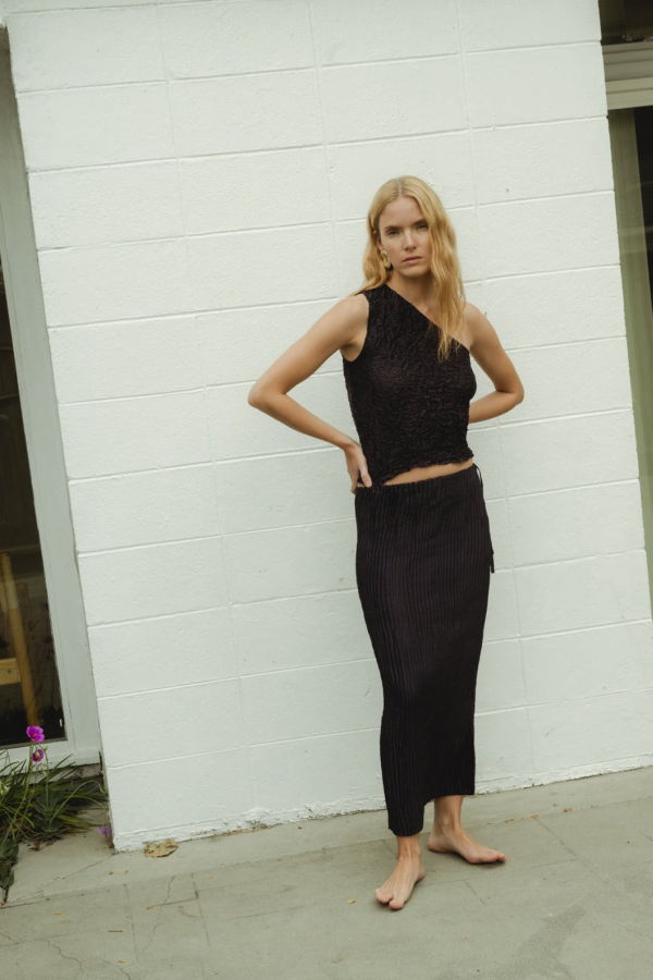 AZUR Plissé Satin Silk Long Skirt