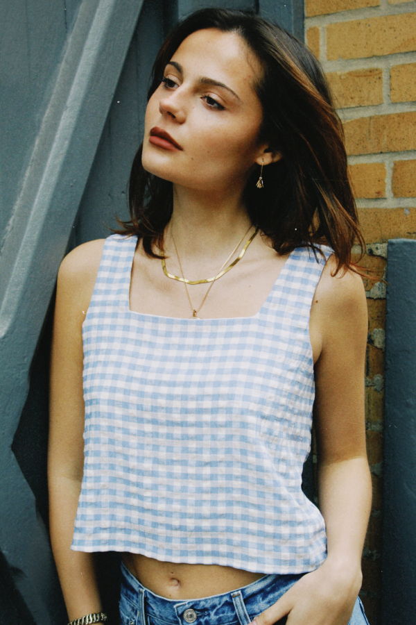 Miou Muse Audrey Gingham Square Neck Top - Blue / White