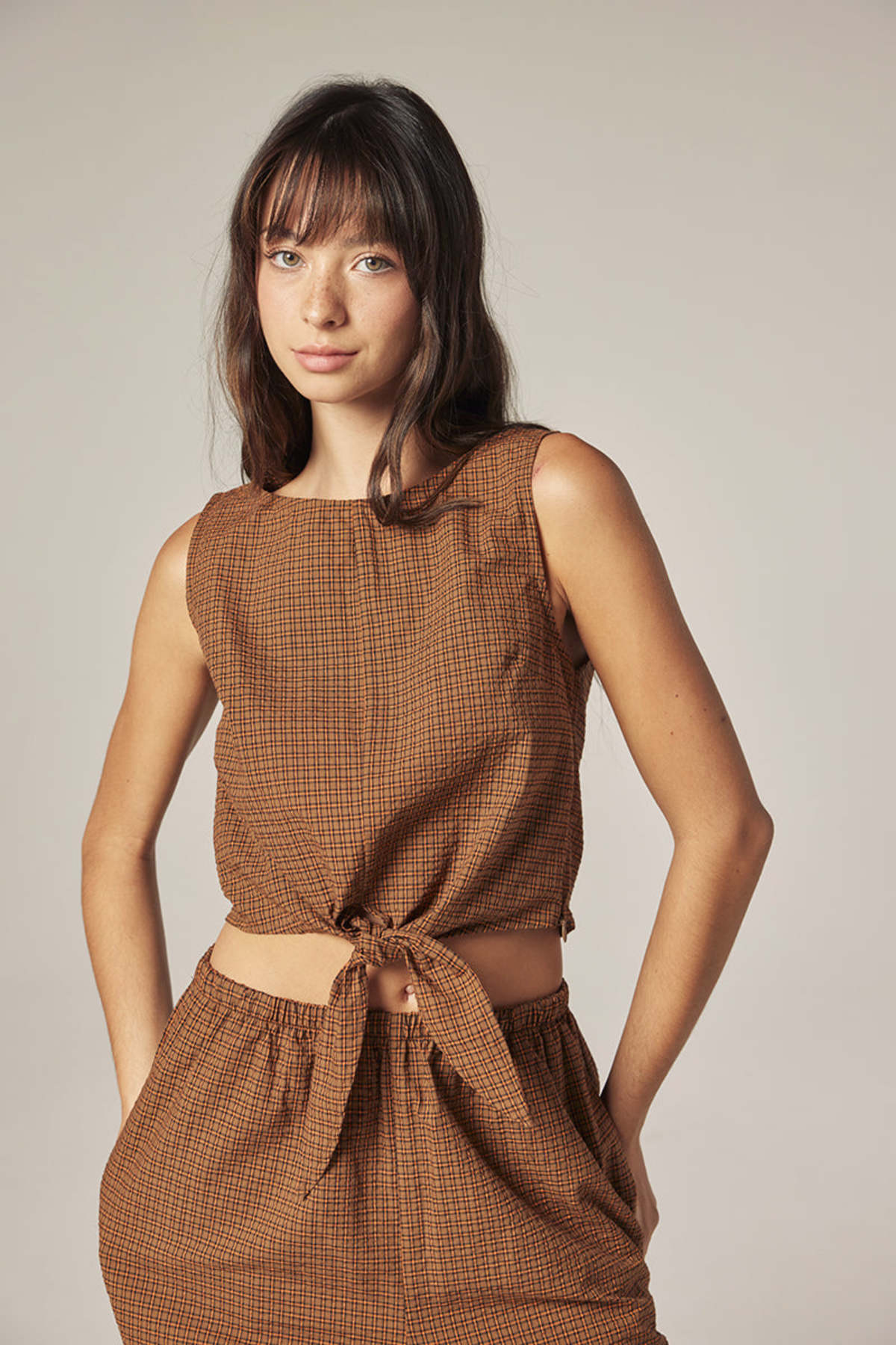 amente Plaid Front Tie Top - Brown/Orange - Image 3 of 7