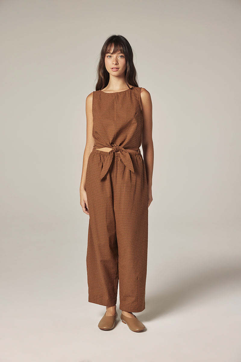 amente Plaid Front Tie Top - Brown/Orange