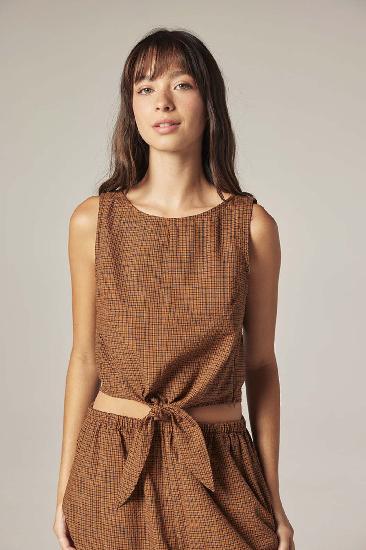 amente Plaid Front Tie Top - Brown/Orange - Image 5 of 7
