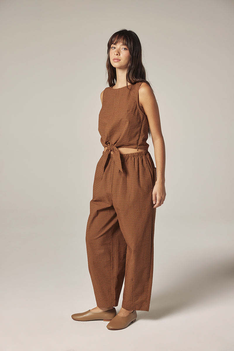amente Plaid Front Tie Top - Brown/Orange