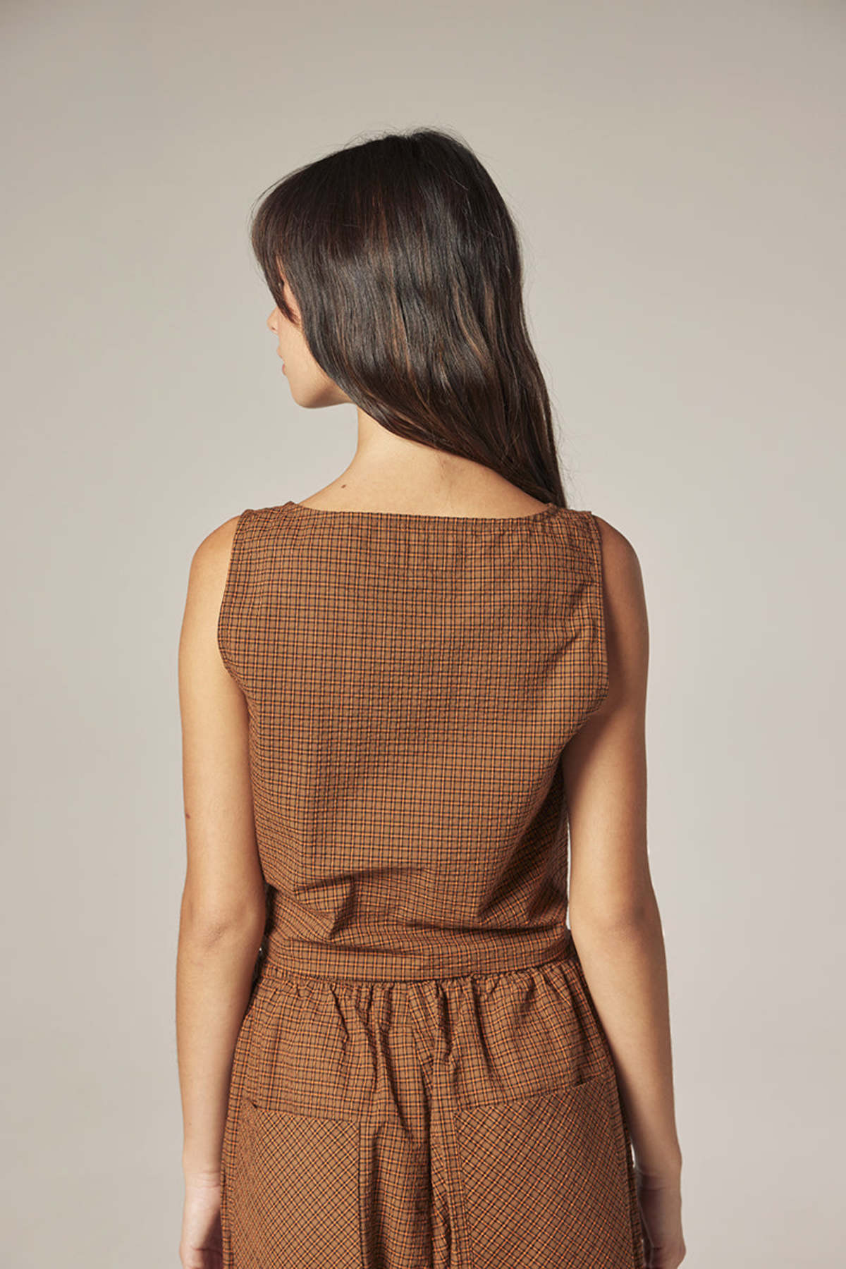 amente Plaid Front Tie Top - Brown/Orange - Image 7 of 7