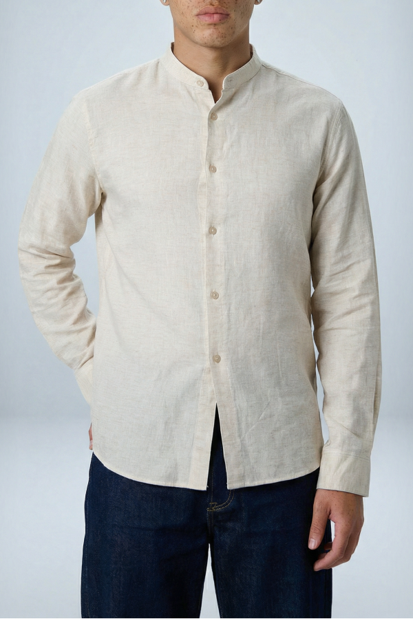 'Liam' Band Collar Vintage Cream Long Sleeve Shirt