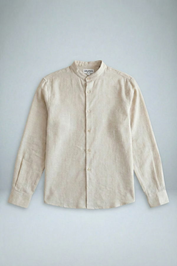 'Liam' Band Collar Vintage Cream Long Sleeve Shirt