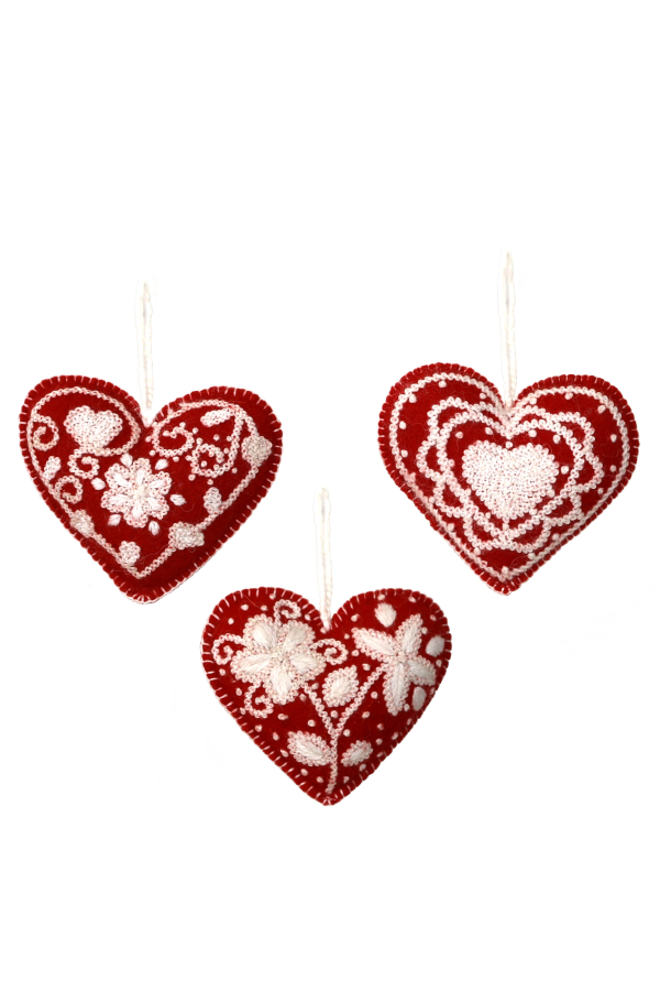 Melange Collection Embroidered Heart Ornaments (Case Pack of 6)