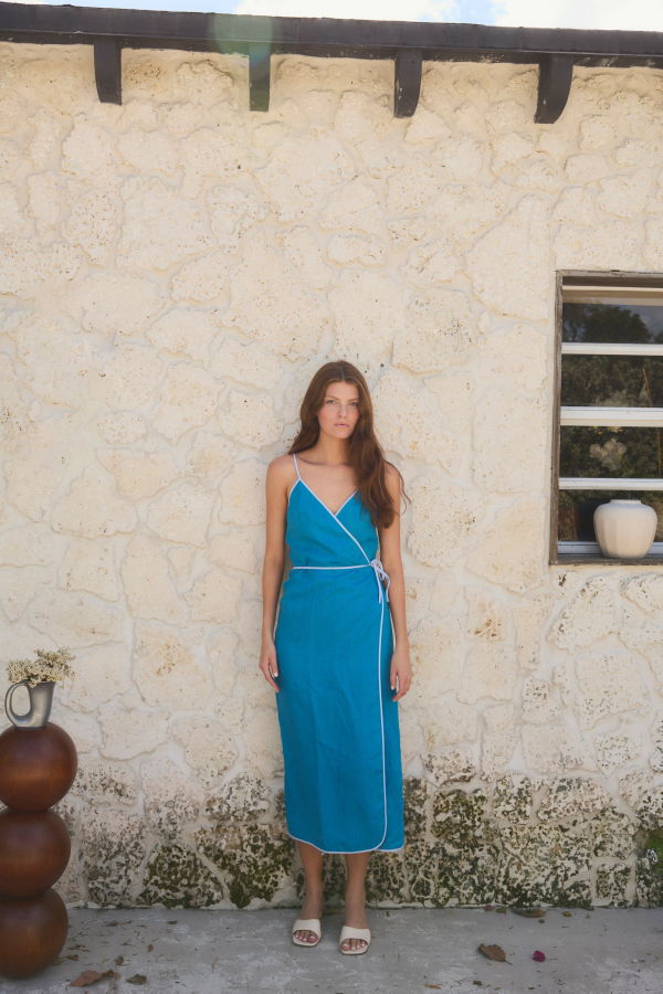ESYA Azure Linen Wrap Dress - Azure
