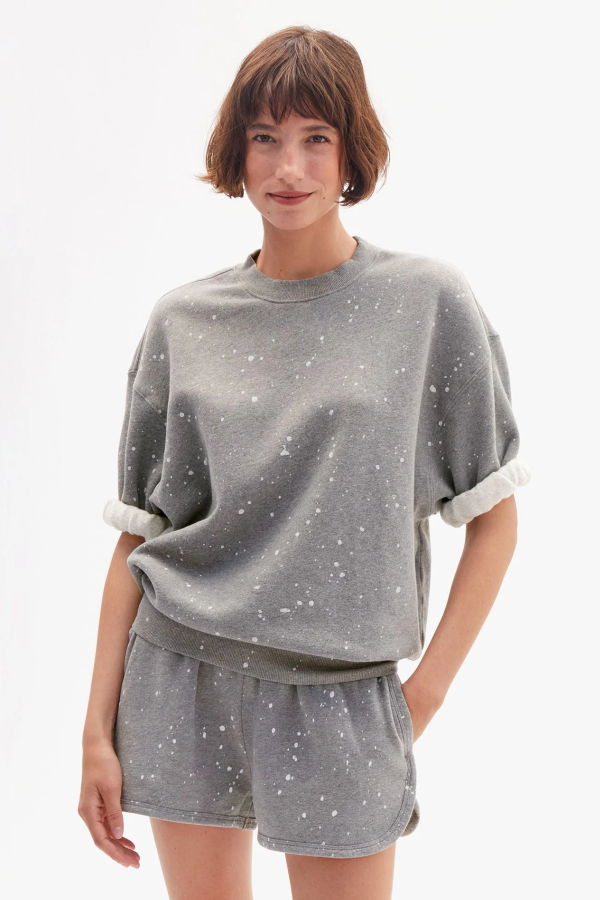Clare V. Short Sleeve Oversized Sweatshirt - Grey Melange Splatter
