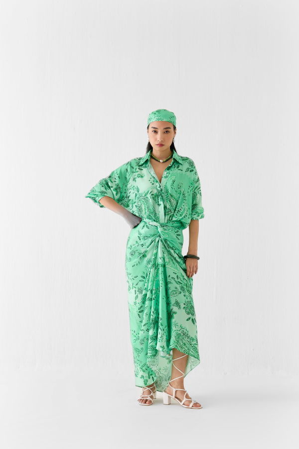 IKKIVI Buta Draped Shirt Dress - Green