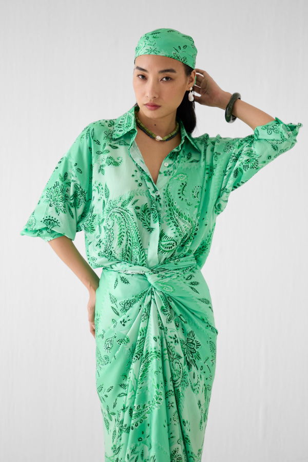 IKKIVI Buta Draped Shirt Dress - Green