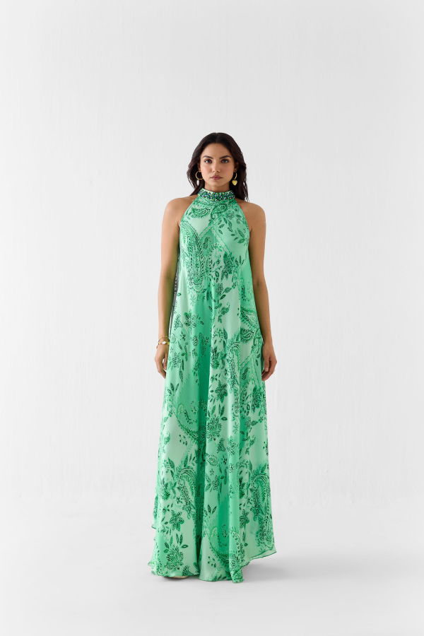 IKKIVI Buta Halter Dress - Green