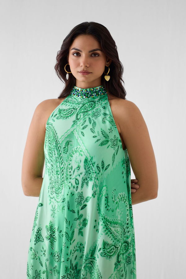 IKKIVI Buta Halter Dress - Green