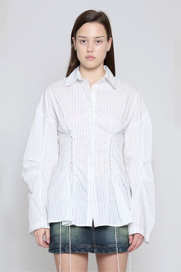 Priscavera White Pinstripe Laced Button Down Shirt