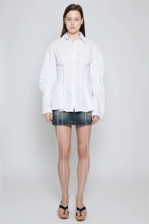 Priscavera White Pinstripe Laced Button Down Shirt