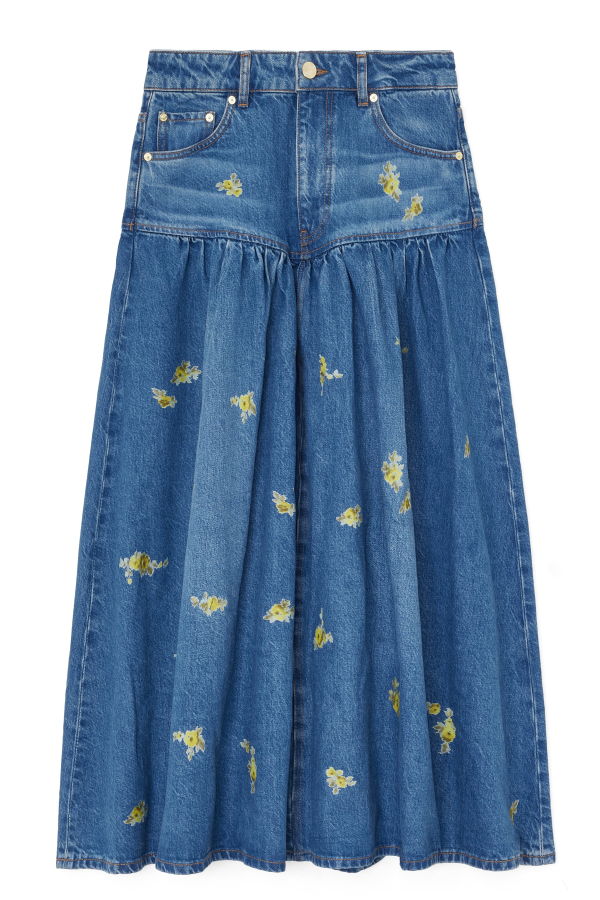 Ganni Printed Flower Denim Long Skirt