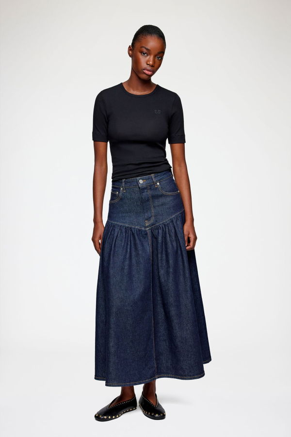 Ganni Printed Flower Denim Long Skirt
