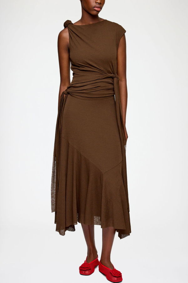 Ganni Marl Mesh Draped Knot Long Dress - Demitasse
