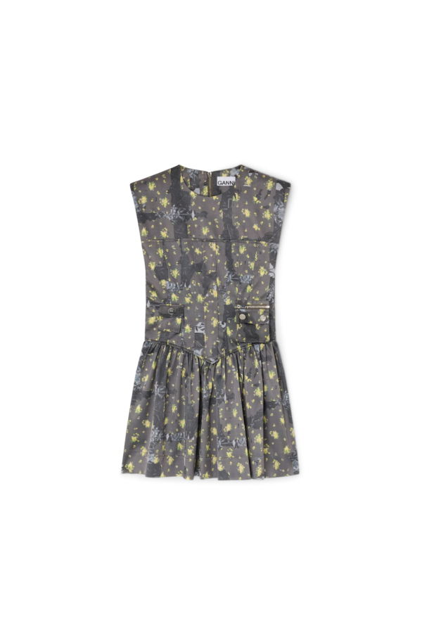 Ganni Printed Double Satin Corset Mini Dress - Black Sand
