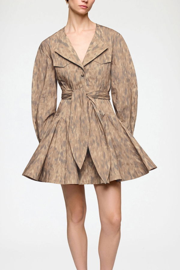 Ganni Printed Stretch Cotton Mini Shirt Dress - Burro