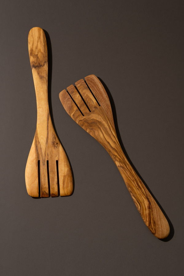 Gharyan Stoneware Natural Olive Wood Serving Spatula Forks Pair